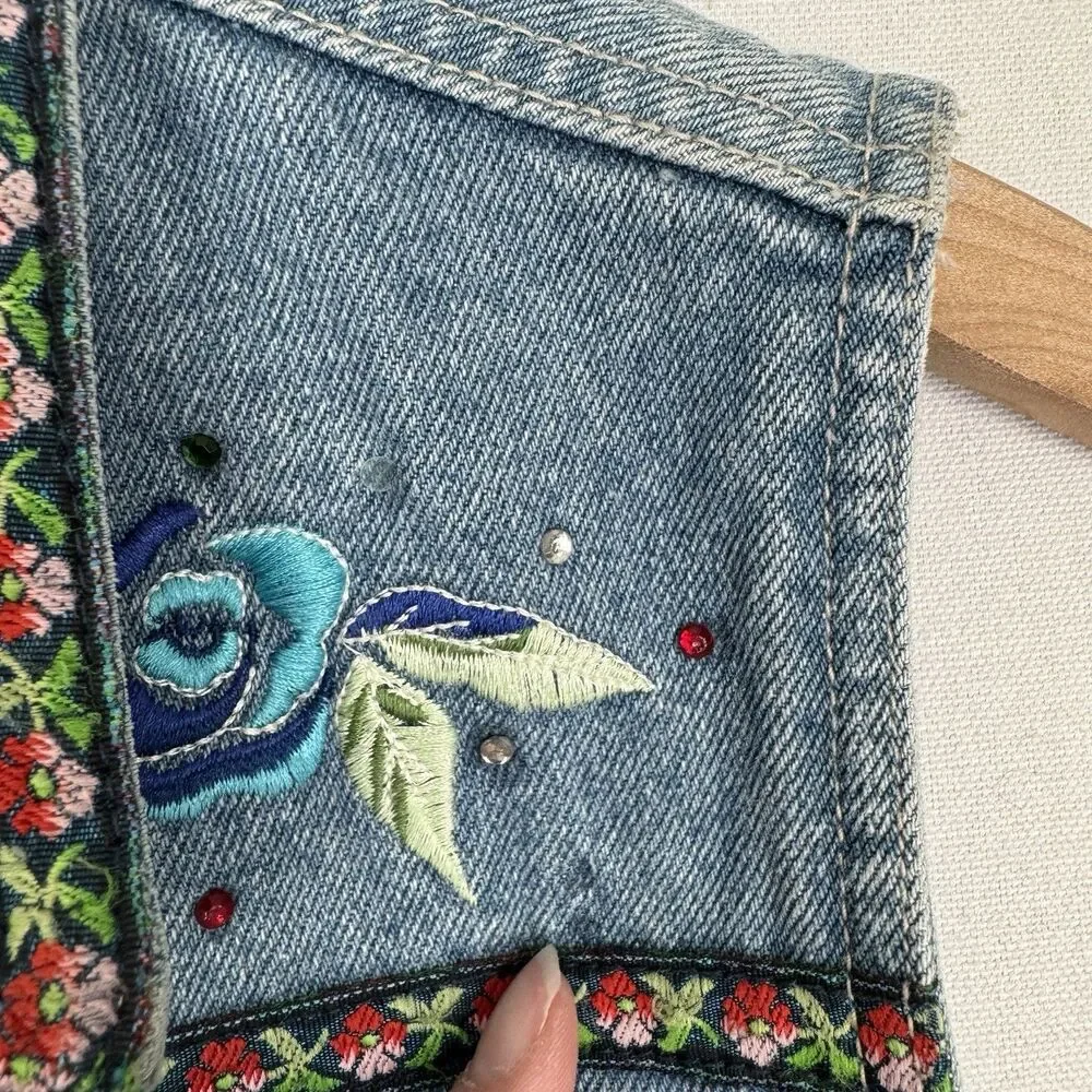Vtg Y2K Bill Blass Vest Womens Small Blue Embroidered Festival Boho Hippie Denim